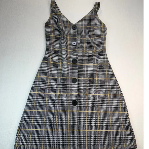 Grey‎ Yellow Plaid Button Front Mini Dress Sleeveless V-Neck A-Line Pinafore - Image 4