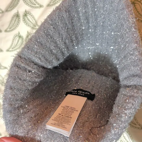 Kate Spade New York Heather Grey Silver Tinsel Knit Beanie Winer Hat OS NWT - Image 5