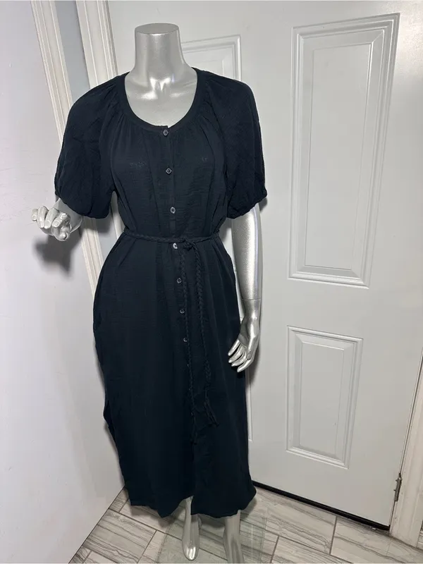 Marine Layer Erin Shirt Dress M Black Cotton Gauze Button Front Midi Puff Sleeve - Image 3