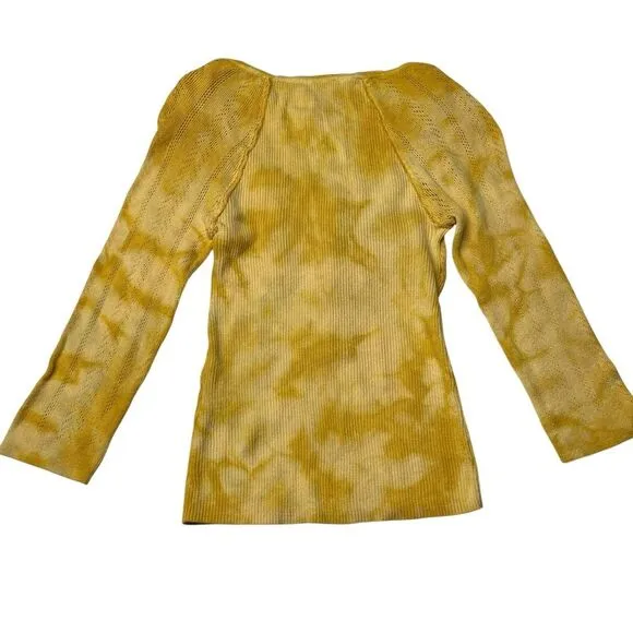 Y2K Free People XS Button Hanley Top‎ 3/4 Sleeve Gold Yellow Pointelle Coquette - Image 7