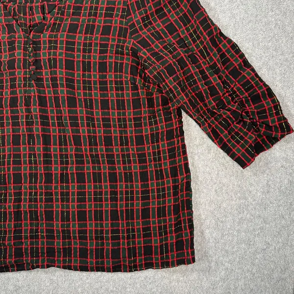 LOFT Shimmer Holiday Plaid Shirred V-Neck Blouse Women's Large 3/4 Sleeve - Image 4