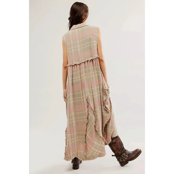 Free People Oversized Bohemian Grunge 90s Plaid Kirby Maxi Dress Size Large - Image 8