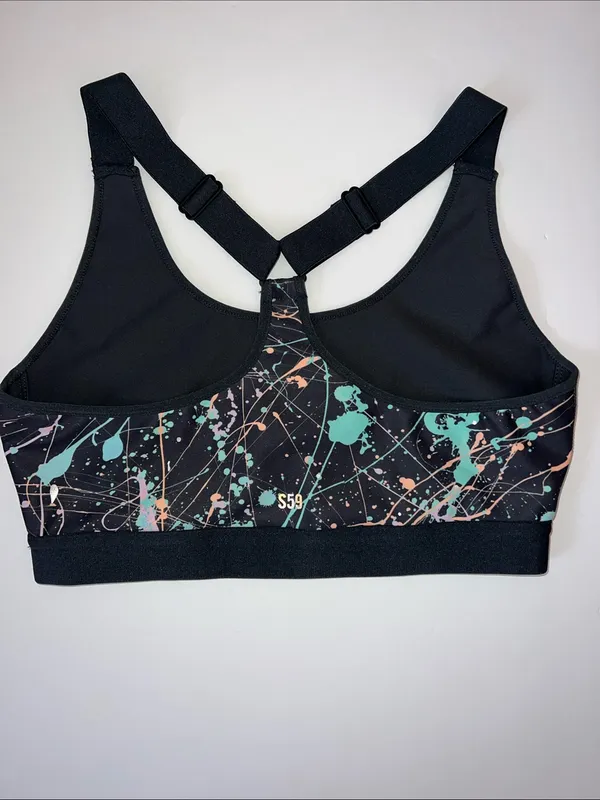 Printed Black Sports Bra with Pastel Splatter Detail - Image 7