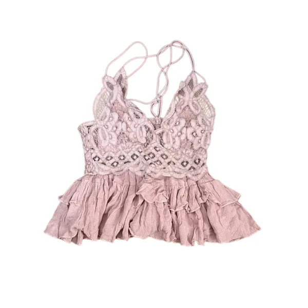 Free People FP One Adella‎ Cami Dusty Rose Lace Tiered Ruffle Boho Top Small - Image 5
