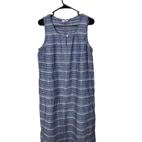 Pure Jill Blue Striped Pattern Scoop Neck Linen Sleeveless Maxi Dress‎ Medium - Image 2
