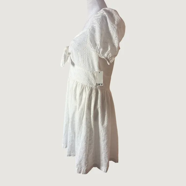 Bar‎ III Eyelet Mini Dress Womens 10 White New Tie Front Puff Sleeve Cotton - Image 10
