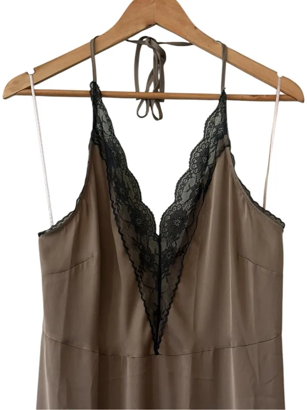 ANTHROPOLOGIE Lace Halter Midi Satin Slip Dress Taupe Size XL NEW - Image 8