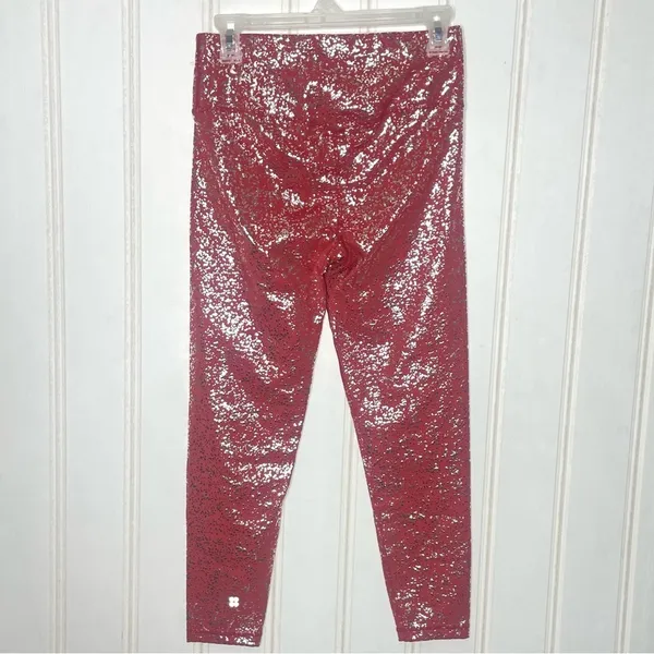 Sweaty Betty High Waist 7/8 Metallic Foil Splatter Leggings Red Silver M 393 - Image 3