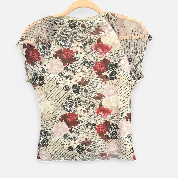 Almost Famous Sheer Floral Graphic Mesh Going Out Top Y2K Boho Size L - Image 5