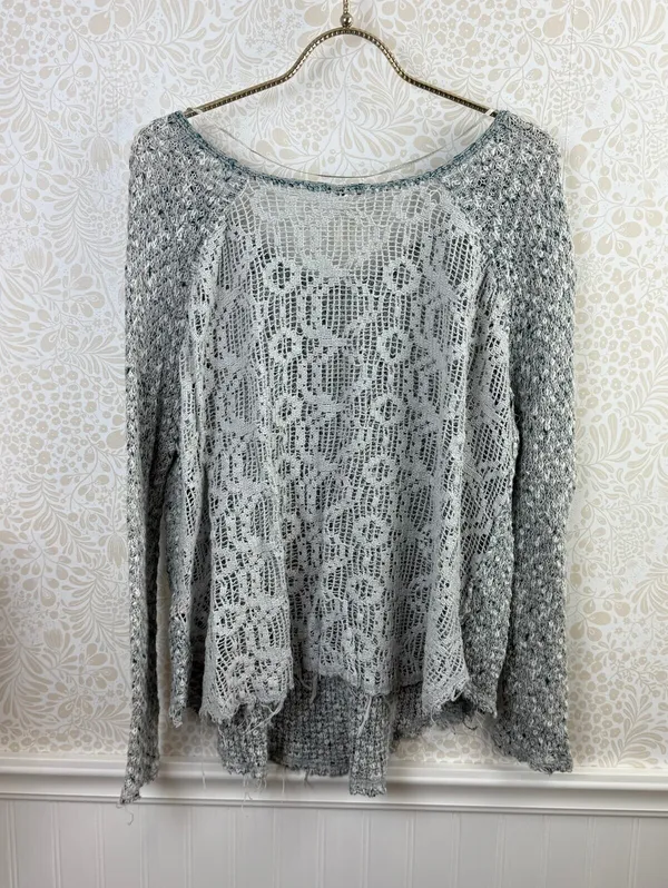 Free People Gray and Blue Poppyseed Knit Lace Pullover Sweater - Size - Small - Image 4
