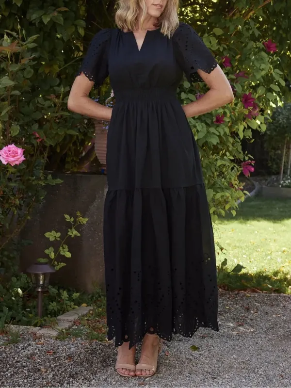 Baltic Born Annette Eyelet Tiered Midi Maxi Dress Black Sz L Puff Sleeve Cottage - Image 7
