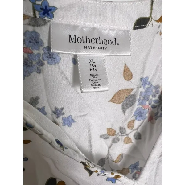 Motherhood Maternity Floral Babydoll Blouse White Blue XL 3/4 Sleeve V-Neck Top - Image 2