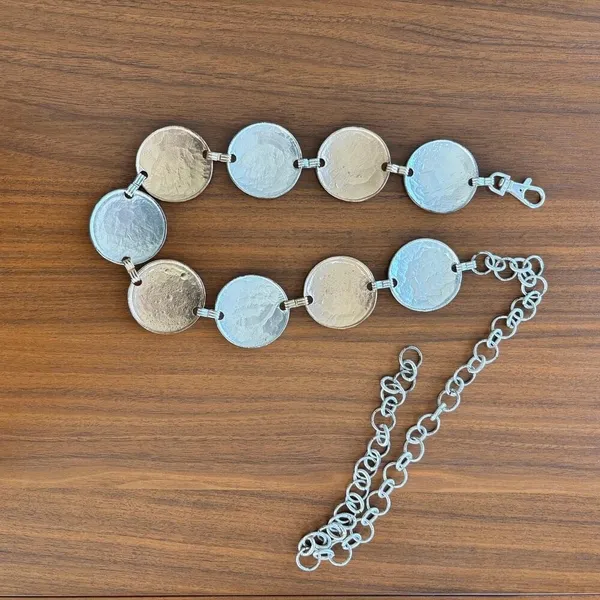Y2K Vintage Disc Belt Hammered Coin Two Tone Metal Waist Chain Festival Boho - Image 4