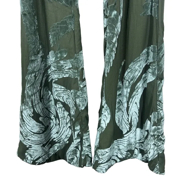 Oh Polly Devore Burnout Velvet Botanical Flare Pants Olive Green Boho Size 2 - Image 5