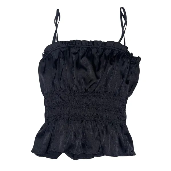 H&M Black Smocked Peplum Cami Top Spaghetti Strap Ruffle Hem Y2K Going Out - Image 2