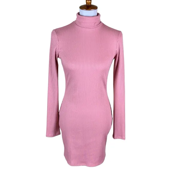 Urban Outfitters Pink Ribbed Turtleneck Bodycon Dress Long Sleeve Y2K M - Image 2