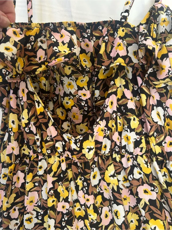 NWT Floral Ruffle-Trim Maxi Dress in Brown, Pink & Yellow, side slit, SZ Large. - Image 8