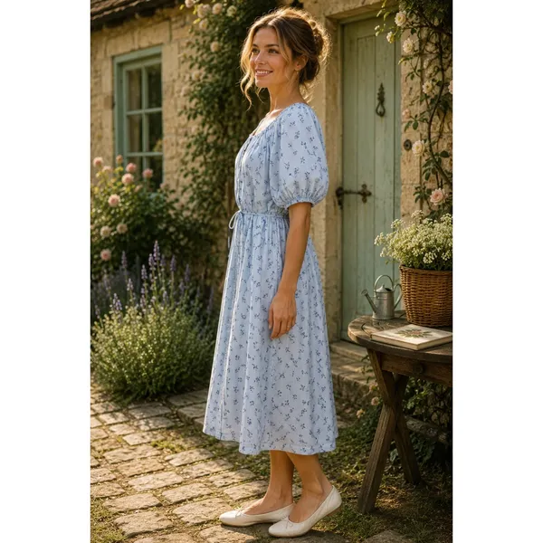 ROOLEE Wandering Free Blue Floral Dress Midi Tie Waist Buttons Raglan Small - Image 4