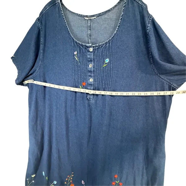 Vintage Embroidered Chambray Denim Dress Womens XXL Blue Floral Cottagecore Folk - Image 7