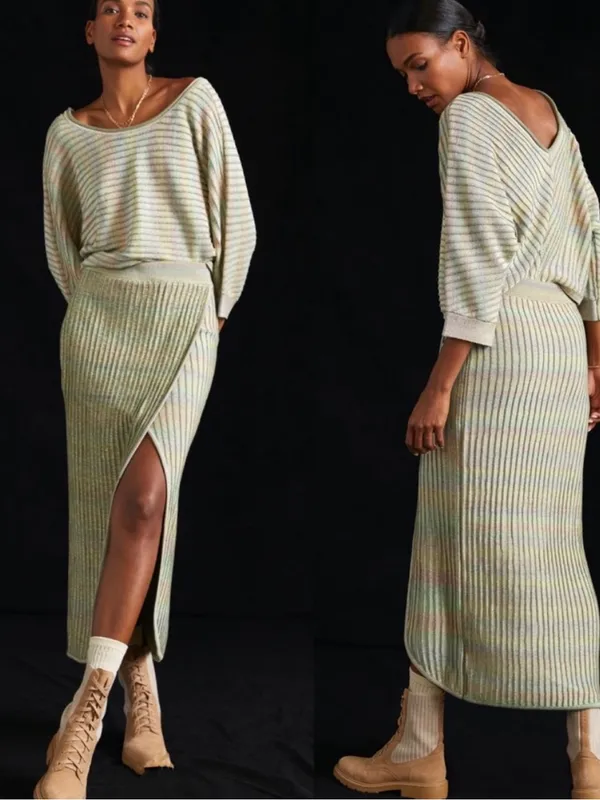 SET Anthropologie Daily Practice Knit Top And Skirt Green Ribbed Size Large L - Image 2