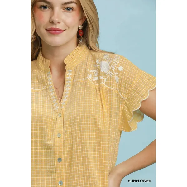 Umgee Embroidered Print‎ Scallop Sleeve Button Front Blouse - Sunflower - Small - Image 4