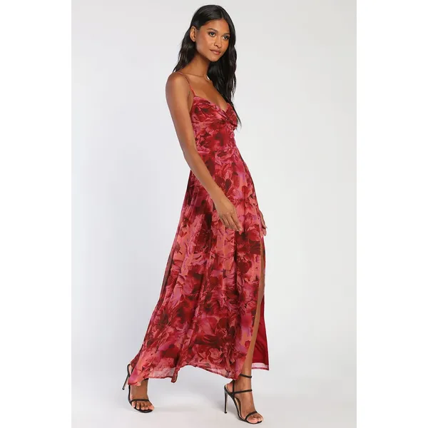 NWT Lulus Beautiful Soul Burgundy Floral Print Twist-Front Maxi Dress Cruise M - Image 8