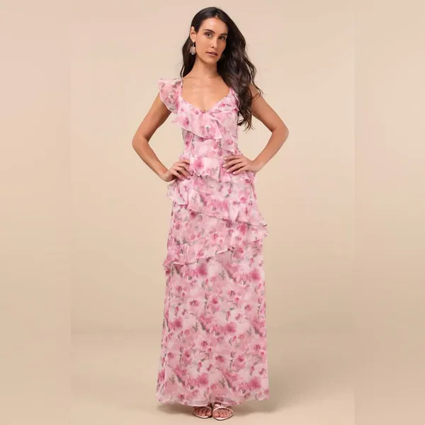 Lulus Evangeline Pink Floral Ruffled Maxi Dress - Image 4
