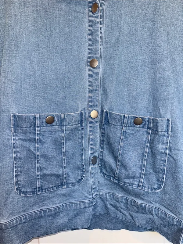 Ruby Rd Brand Blue Stretch Denim With Knit Sleeves And Collar Button Closure - Image 3