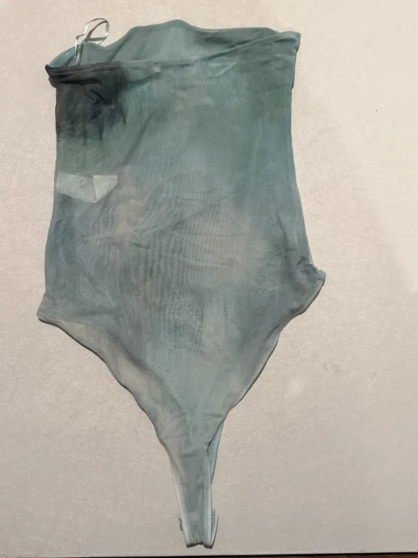ZARA Sheer Mesh abstract seashell Bodysuit light blue strapless small - Image 4