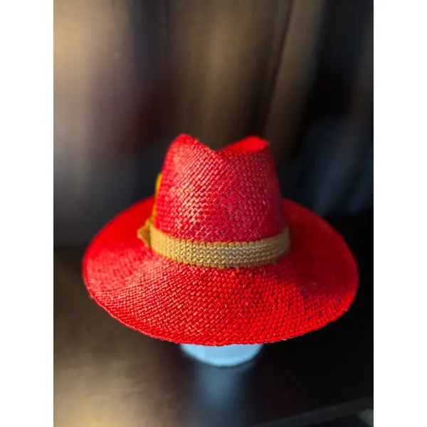Vintage Red Woven Straw Fedora Hat with Yellow Feather and‎ Buckle Detail - Image 4