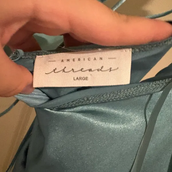 American Threads Strapless Satin Dress in Teal - Image 4
