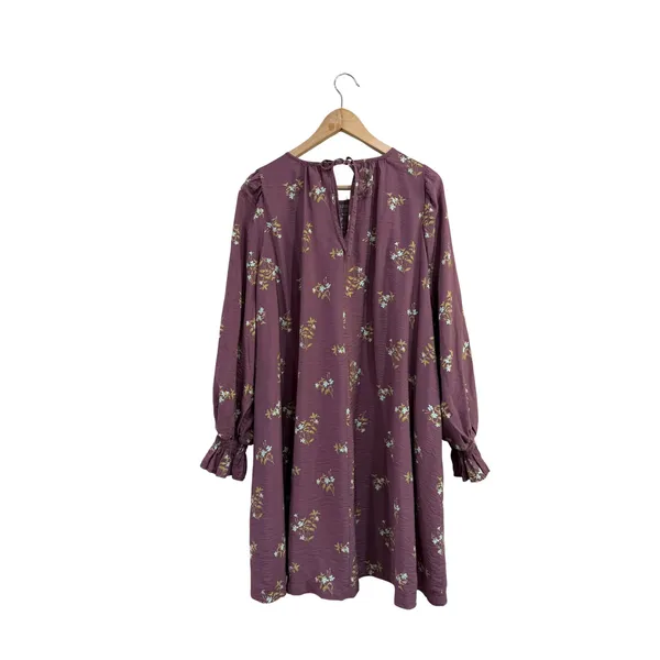 A New Day Plum Floral Smocked Long Sleeve Mini Dress XL Purple Boho Pockets - Image 3