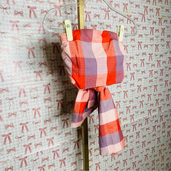 Anthropologie English Factory Pink & Purple Plaid Strapless Tie Back Bow Top S - Image 2