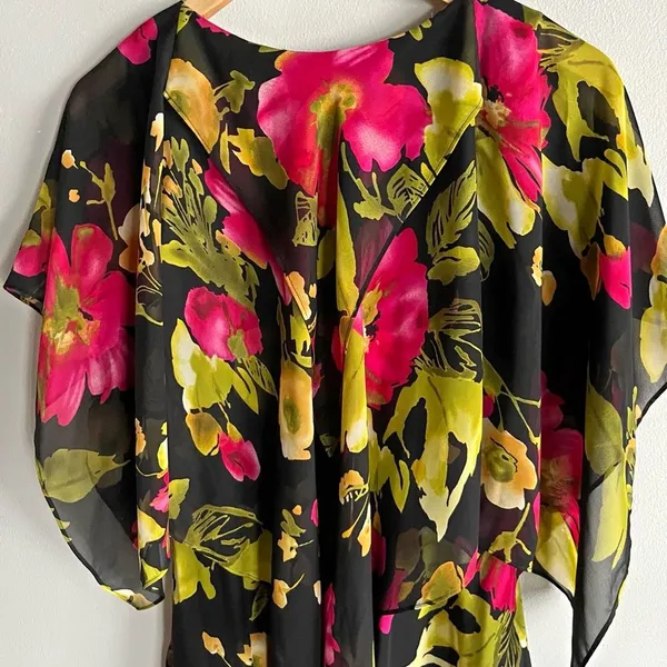 Vicky Tiel Black Floral Chiffon Midi Dress Flutter Sleeve Wedding Guest M - Image 8