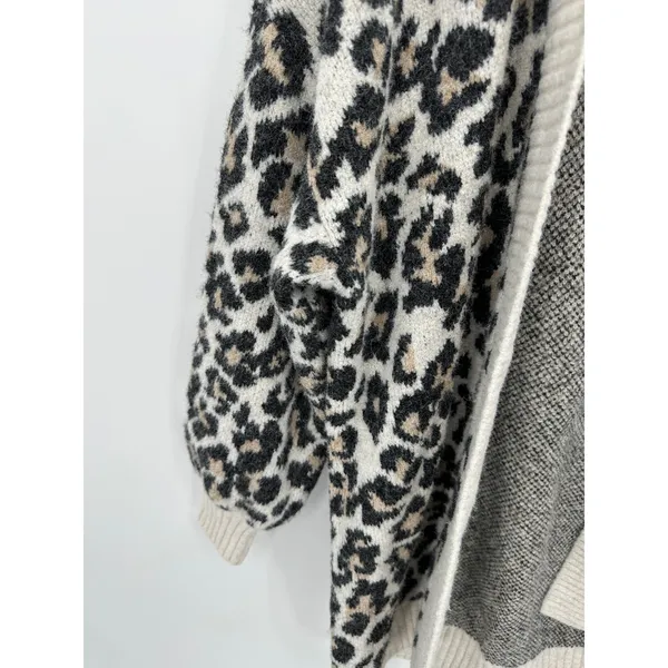 LOFT Leopard‎ Print Cardigan Sweater S Cream Open Front Cozy Knit Preppy Chunky - Image 5