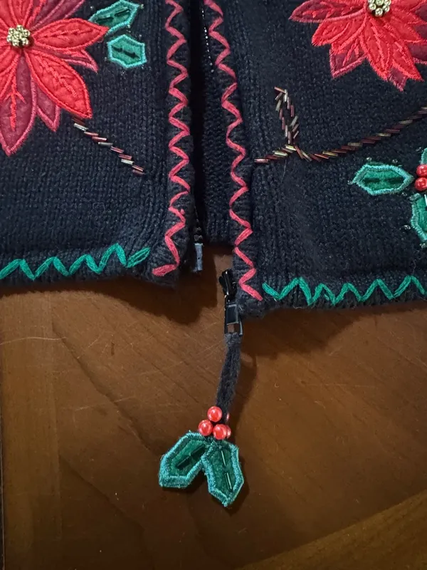 Vtg Women Ugly Christmas Sweater Vest Zip Up Poinsettia Embroidered Beaded 4/6 - Image 5