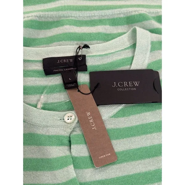 NWT J.CREW Womens Cardigan Green Italian Cashmere Knit Striped Sweater Large - Image 4