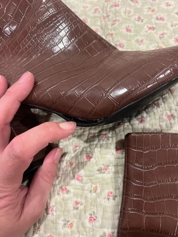 Women's Brown Croc-Embossed High Heel Ankle Boots - Image 3