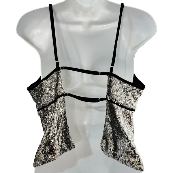 Free People James Silver Combo Black Sequin Open Back Tank Top Festival size L - Image 5