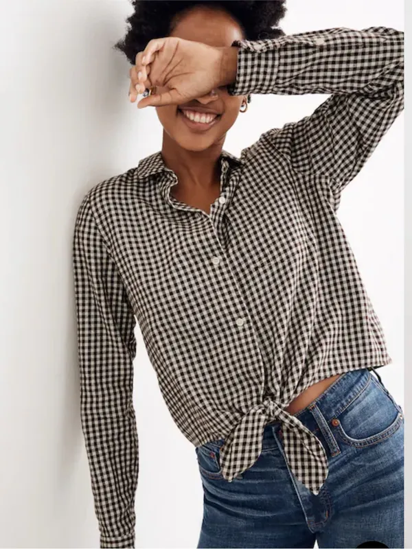 Madewell Gingham Flannel Tie Front Shirt Brown Gingham Check size Large $80 - Image 2