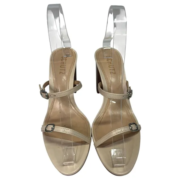 Schutz Sandals Womens 7.5 Nude Beige Leather Strappy Block Heel Buckle Classic - Image 7
