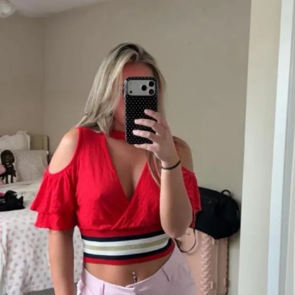 Red striped crop top with a cold shoulder cutout - Image 3