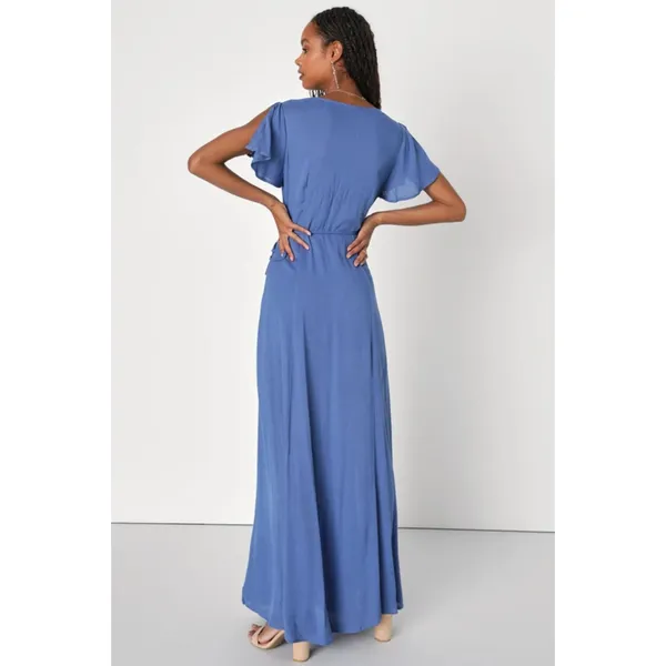 Lulus Heart of Marigold Denim Blue Wrap Flutter Sleeve Travel Maxi Dress Sz S - Image 9