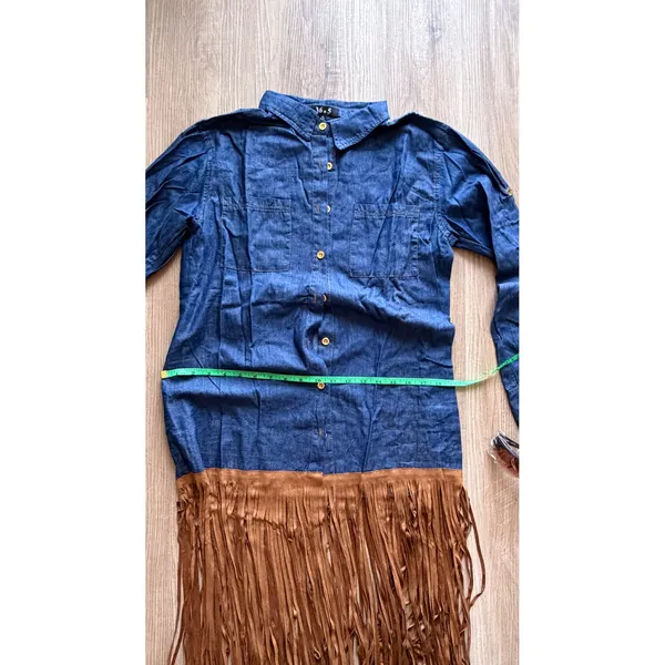 Set sunglasses & Blue Chambray Shirt Dress with Brown Faux Suede Fringe Hem - M - Image 7