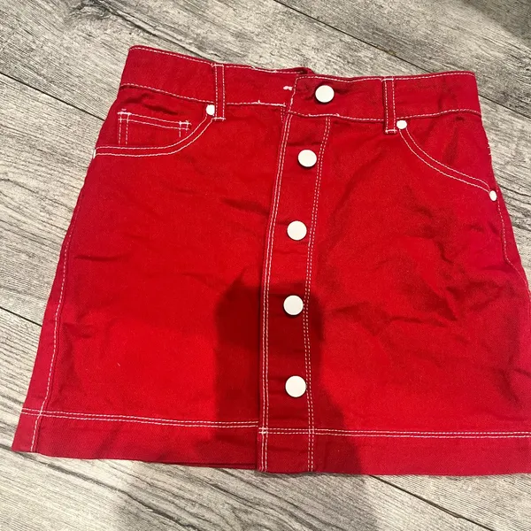 Forever 21 Womens Small Red Denim Mini‎ Skirt Button-Front - Image 4