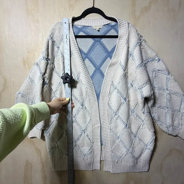 Gilded Intent Cardigan‎ Sweater L Blue Cream Chunky Knit Open Front - Image 7