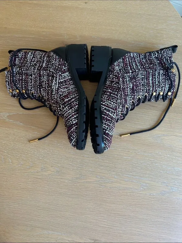 Tory Burch Miller Combat Tweed & Leather Lace Up Booties Burgundy/White 7.5 NWOT - Image 5