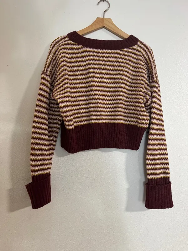 Pink Republic Striped V-Neck Sweater in Burgundy, Cream & Mustard cropped - Image 2