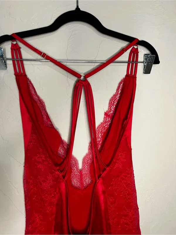 Victoria's Secret Red Satin Lace Chemise Slip Dress & Robe 2 Piece‎ Lingerie Set - Image 8