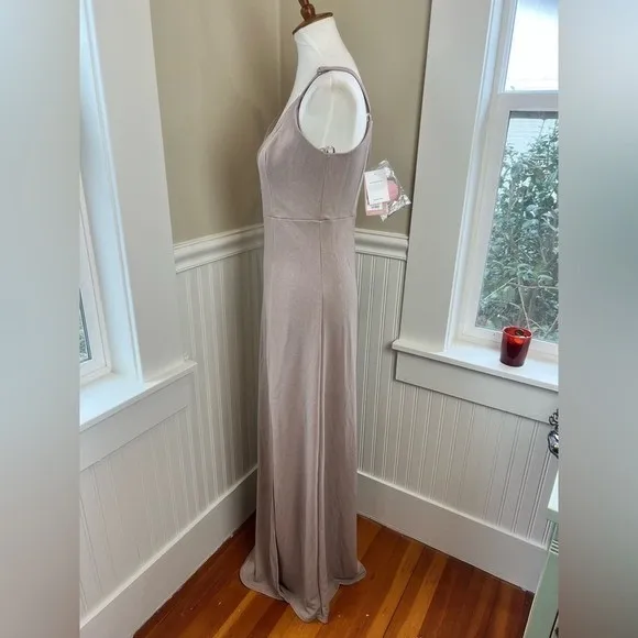 Birdy Grey Jay Crepe Maxi Dress Taupe V-Neck Side Slit Size Medium Bridesmaid - Image 10